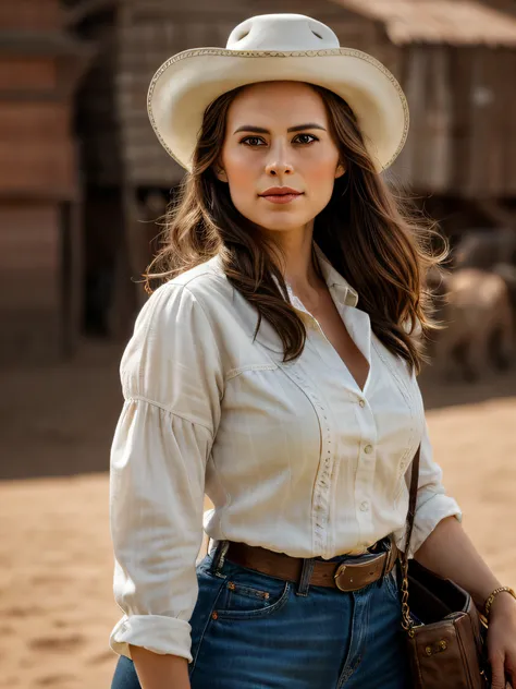 (thirty year old) woman, standing beside a horse, dressed as an old western cowgirl, cowboy boots, long legs, dreamy photo, look...