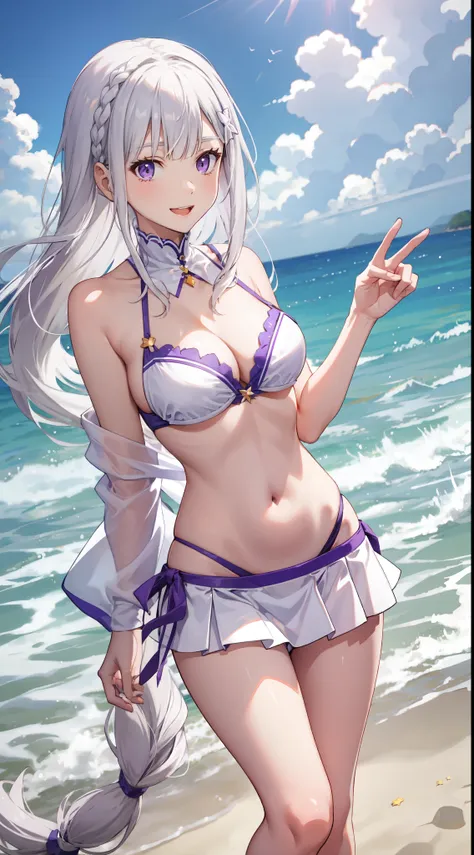 slim legs, cleavage, short skirt, navel, purple eyes, emilia, stand, White hair, long hair, side tie bikini, beach, happy