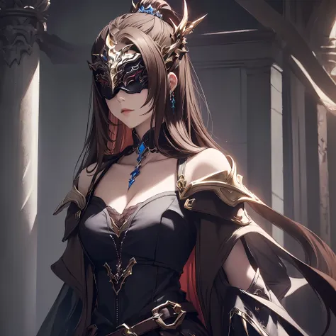 masterpiece, best quality, female, fantasy aesthetics highly detailed, shadowverse style, blind mask, dark brown hair