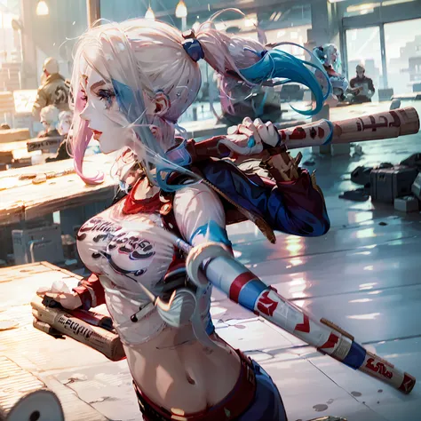 Powder blue gradient double ponytail,Royal sister,Large breasts,hot girls,The weapon is a baseball bat