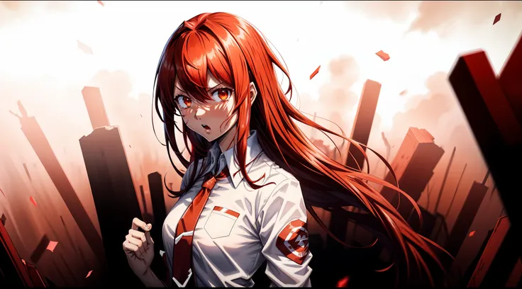 ragemode, girl, shirt, red necktie, (makise kurisu), red hair, long hair, wild hair, lightning, white, rule of thirds, depth of ...