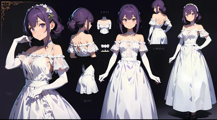 (masterpiece), best quality, （characterdesignsheet，same role，frontage，lateral face，on  back）, wears a white dress，purple lace，（w...