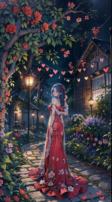 en una fiesta de primavera, a beautiful vampire walks through a garden on a clear night. ella lleva una guirnalda de flores en s...