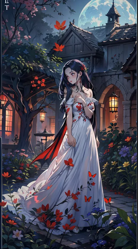 en una fiesta de primavera, a beautiful vampire walks through a garden on a clear night. ella lleva una guirnalda de flores en s...