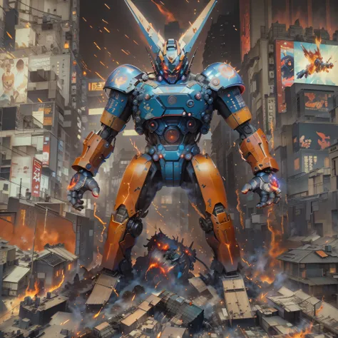 an incredible color aerial view daguerrotype of realistic looking mazinger z. a towering giant robot, standing at 20 meters tall...