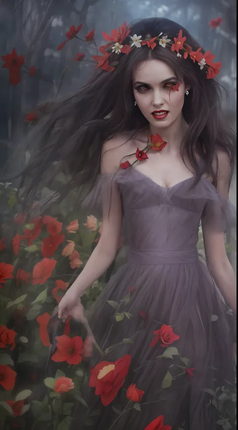 en una fiesta de primavera, a beautiful vampire walks through a garden on a clear night. ella lleva una guirnalda de flores en s...