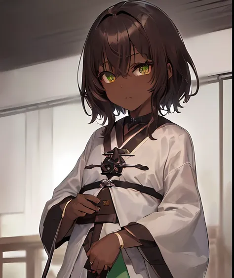 ((独奏))(​masterpiece、top-quality),(((((((dark brown skin))))))),(((a dark-haired、short-hair,bangs are not aligned))),(((green col...