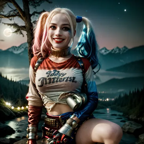 1girl, harleyquinn, twintails, multicolored hair, ((upper body selfie, happy)), masterpiece, best quality, ultra-detailed, solo,...