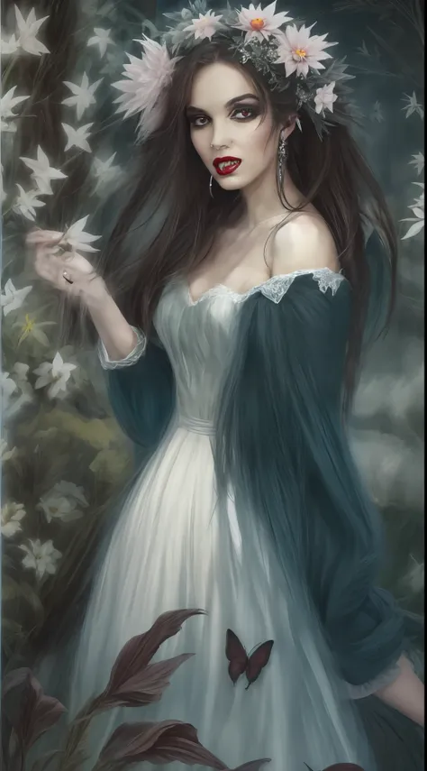 en una fiesta de primavera, a beautiful vampire walks through a garden on a clear night. ella lleva una guirnalda de flores en s...