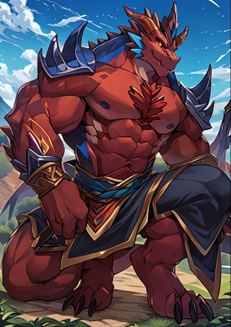 strong, large pecs, raised sexy, dragon man, warriors, half squat, claws