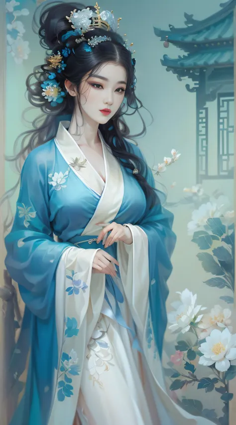 longing woman posing for photo in blue and white dress, beautiful and seductive anime woman, a beautiful fantasy empress, inspir...