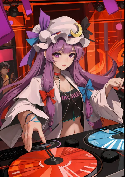 "a solo shot featuring patchouli_knowledge crescent hat ornament a dj, showcasing her skills on the turntables at a vibrant rave...