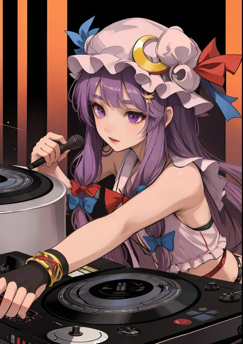 "a solo shot featuring patchouli_knowledge crescent hat ornament a dj, showcasing her skills on the turntables at a vibrant rave...