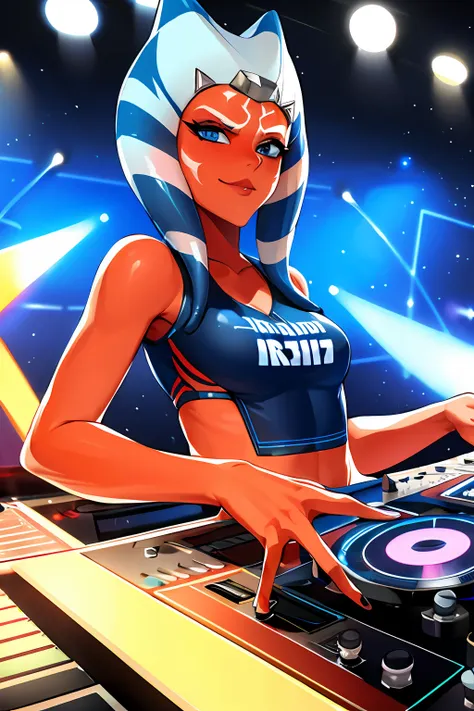 "a solo shot featuring 1girl, blue eyes, orange skin, tentacle hair a dj, showcasing her skills on the turntables at a vibrant r...