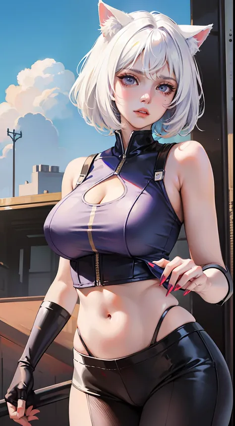 Adult woman, short white hair, cat ears, violet eyes, White superhero uniform, Sleeveless, open belly, t shirt, breeches, claws, anger, Masterpiece, hiquality