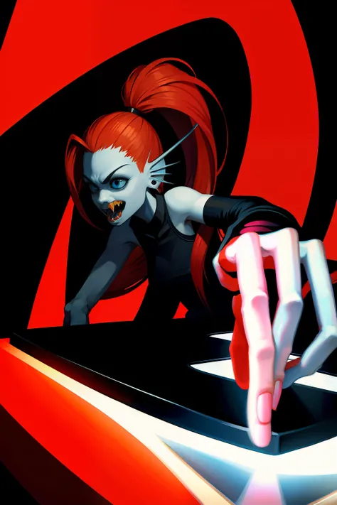 "A solo shot featuring undyne undyne the undying a DJ, showcasing her skills on the turntables at a vibrant rave."