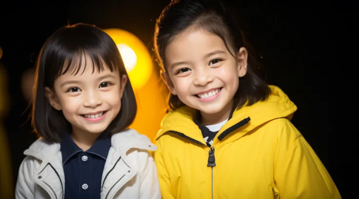 Estilo moderno, fundo branco, childrens identification photo, bonito, menina sorridente, olhos escuros, cabelo curto, gravata borboleta, yellow BLACK jackets, de alta qualidade, soft yellow lights in childrens hair.