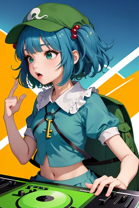 a solo shot featuring kawashiro nitori
two side up
hair bobbles
hair ornament
green headwear
hat
shirt
puffy short sleeves
skirt...