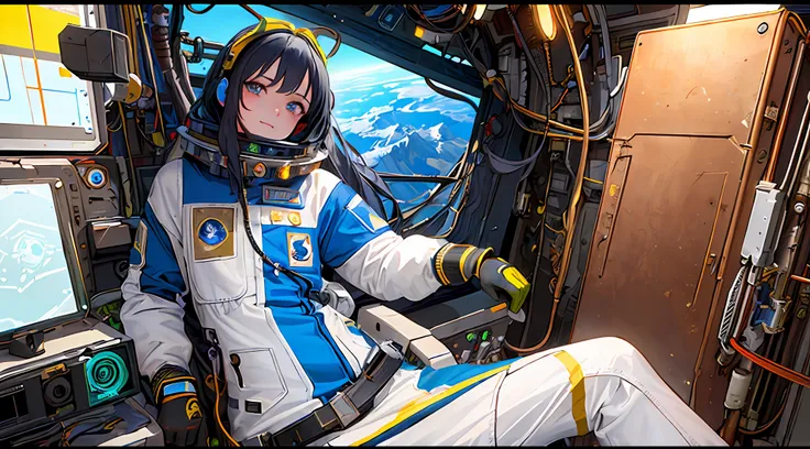(masterpiece, top quality, best quality, extreme detailed, highest detailed, official art, beautiful and aesthetic:1.2), colorful, cowboy shot, beautiful face, solo, perfect body, beautiful eyes, 1girl, in space, spacecraft, spacesuit, indoors, (wires and...