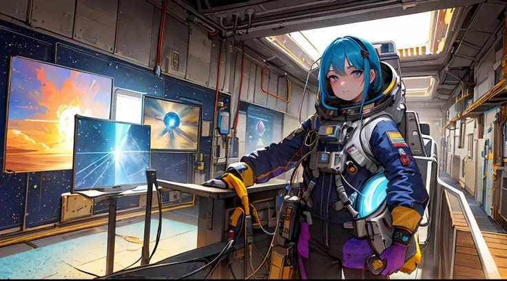 (masterpiece, top quality, best quality, extreme detailed, highest detailed, official art, beautiful and aesthetic:1.2), colorful, cowboy shot, beautiful face, solo, perfect body, beautiful eyes, 1girl, in space, spacecraft, spacesuit, indoors, (wires and...