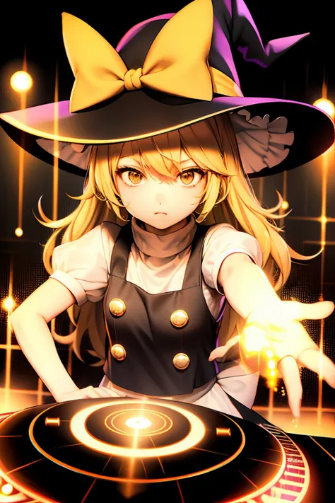 a solo shot featuring  1girl, blonde hair, witch hat, yellow eyes, long hair, vest,apron, bow, short sleeves, hat bow, braid, pu...