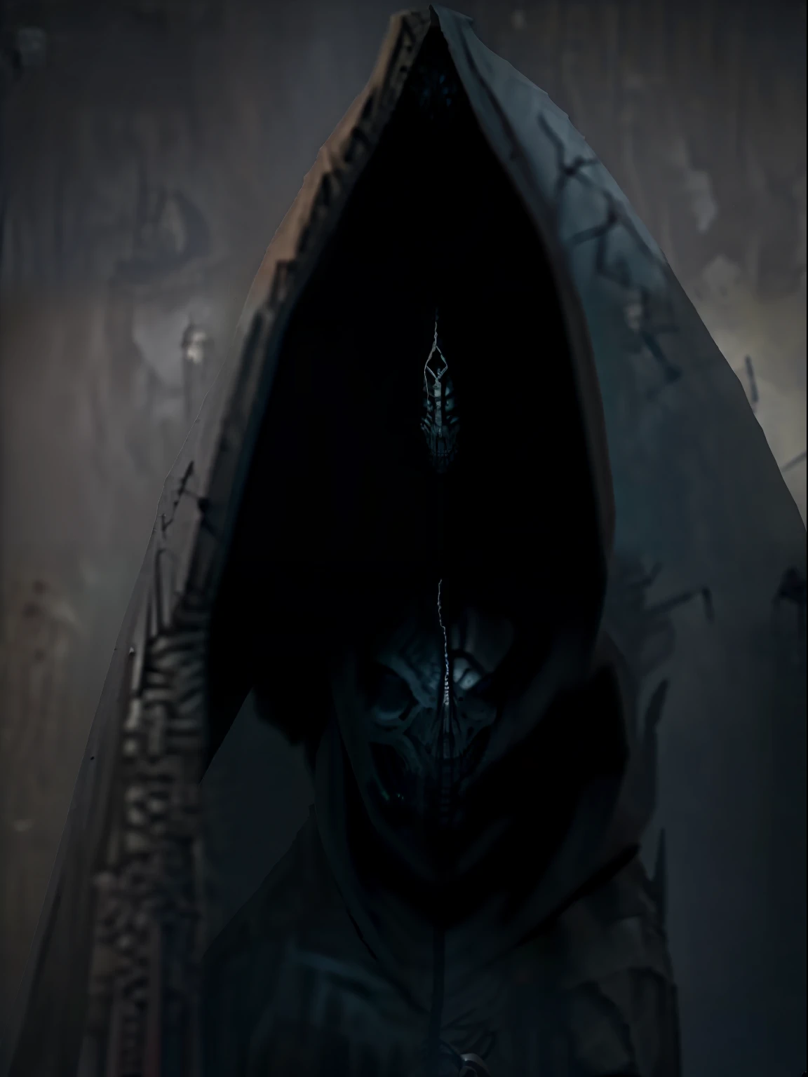 arafed skeleton wearing a hooded jacket and hood, dark cloaked necromancer, dark hooded wraith, hooded skull, berserk skullknigh...