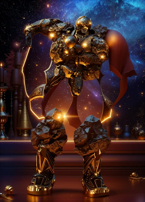 the sinister representation of a stone giant with legs and arms made from the look of a beautiful galaxy, alaranjado luminoso e ...