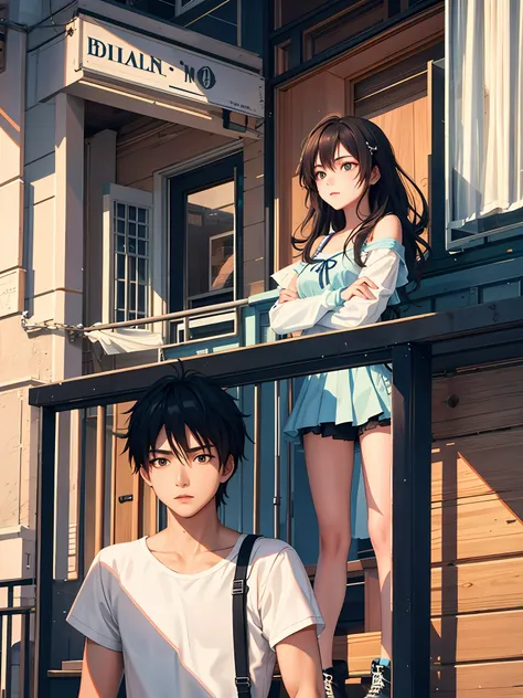 "a teenage boy and a beautiful girl share an intense gaze from balconies, captivated by each other's presence."