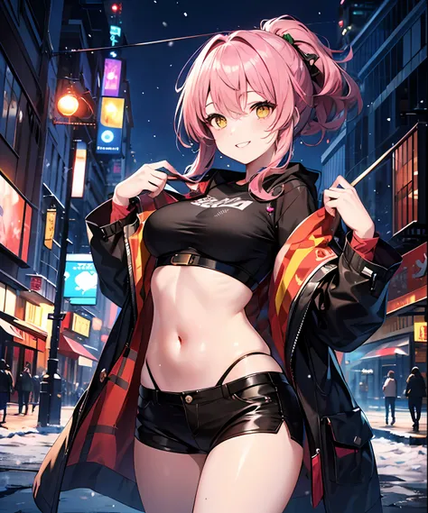 (masterpiece、top-quality)、独奏、1womanl、Medium Hair、Pink hair、Yellow eyes、A smile、Navel dashi、T-shirt with navel、parka、Skin wiping action、White skin as clear as snow、Fantastical、Western-style cityscape