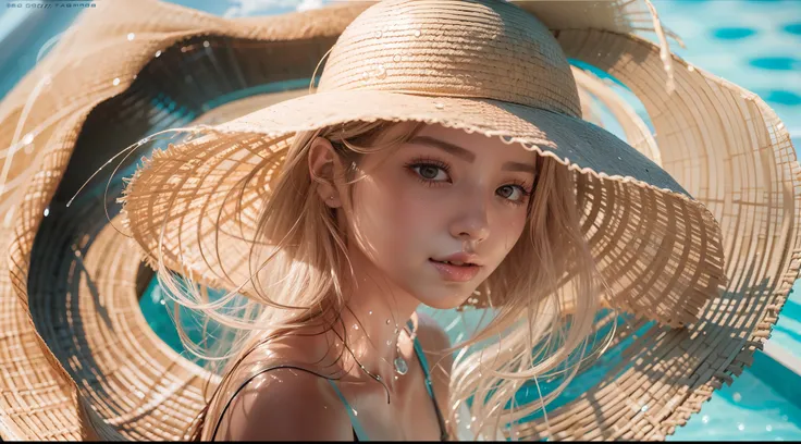 8k magazine photos，a beautiful woman in a straw hat walks through the pool，with water droplets on the body，the face is reddish，l...