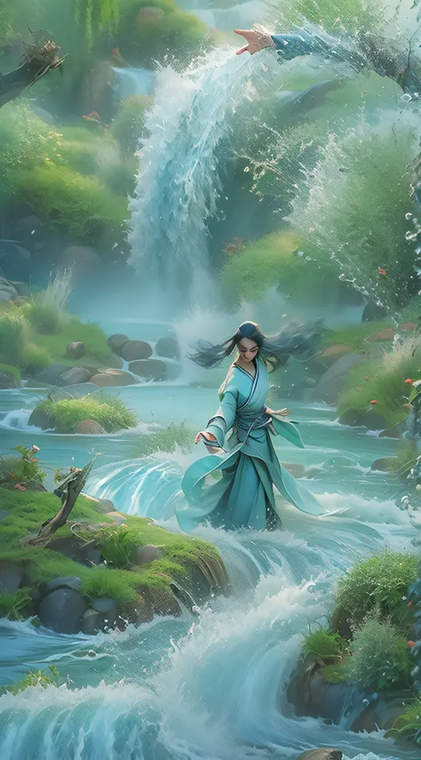 A manga character with a stoic expression, dressed in traditional waterbender attire, complete with swirling wave patterns. They stand on a peaceful riverbank, surrounded by lush vegetation and gentle willow trees. The character uses their water manipulati...