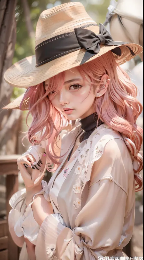 8k exquisite photos，20岁女孩，molded characteristic sense standing posture，straw hat hat，silk scarf，bust photo，eye details，pink wavy...