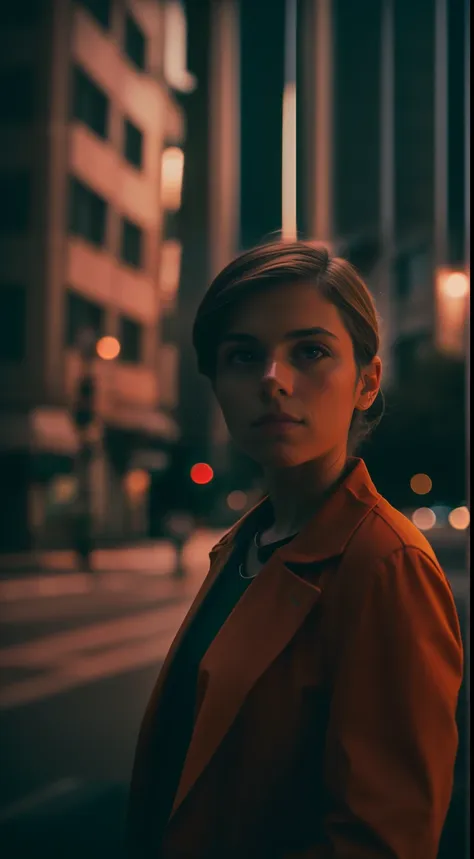 {
    (character: one israeli woman, 20 years old,)
    (clothing: red wine lawyer clothes)
    (posing against a city street at...