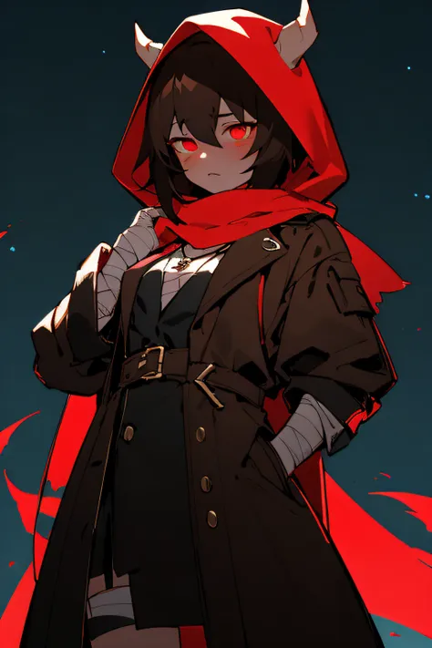 nijistyle, cowboy shot of demon hunter, hood up, faceless,  glowing red eyes, torn brown coat, pauldrons, black vest, red scarf,...