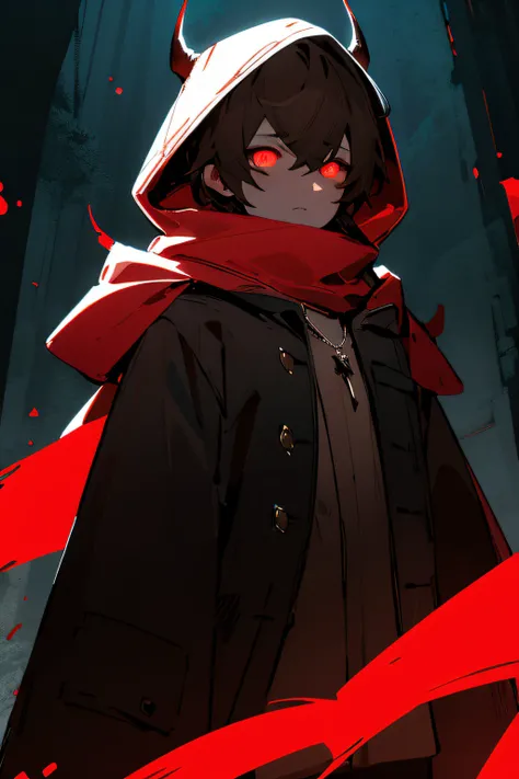 nijistyle, cowboy shot of demon hunter, hood up, faceless, glowing red eyes, torn brown coat, pauldrons, black vest, red scarf, bandages, pendant, fantasy, night, dark atmosphere