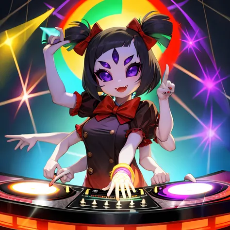 a solo shot featuring muffetwear
muffet  a dj, showcasing her skills on the turntables at a vibrant rave.