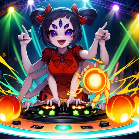 a solo shot featuring muffetwear
muffet  a dj, showcasing her skills on the turntables at a vibrant rave.