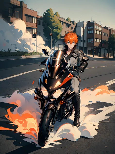 Masterpiece, best quality, tartaglia (genshin impact), gloves, mask, 1boy, blue eyes, black gloves, solo, orange hair, bangs, hair between the eyes, gray jacket, (((sitting on a motorcycle)))), (motorcycle), (competitive motorcycle), (full body))