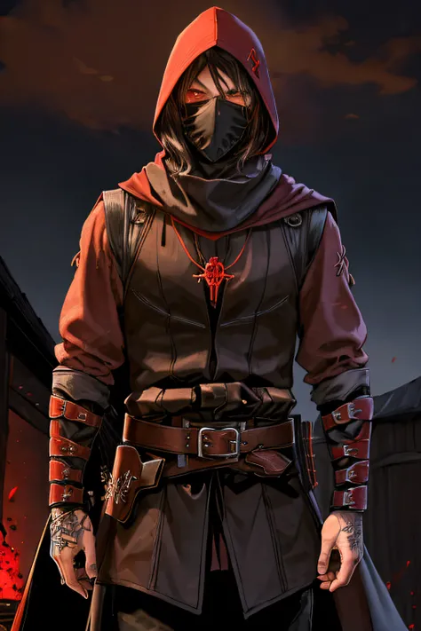 nijistyle, cowboy shot of demon hunter, hood up, faceless,  glowing red eyes, torn brown coat, pauldrons, black vest, red scarf, bandages, pendant, fantasy, night, dark atmosphere