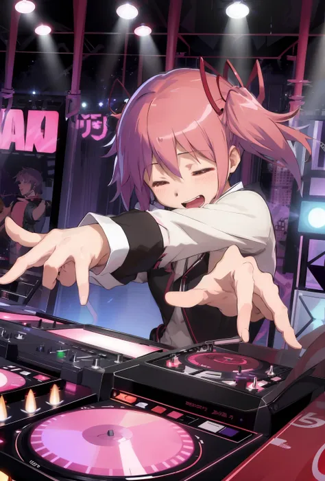 a solo shot featuring  madoka  a dj, showcasing her skills on the turntables at a vibrant rave.