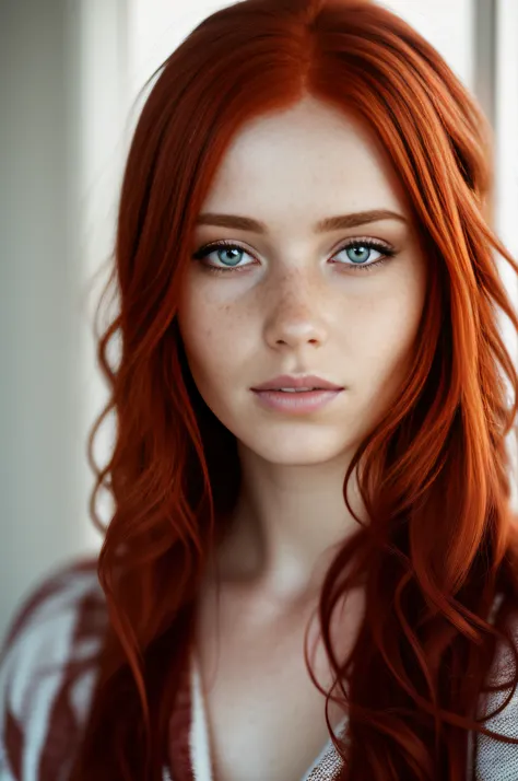 beautiful red-haired woman, freckles, dark makeup, hyper-detailed photography, soft light, head and shoulder portrait, blanket