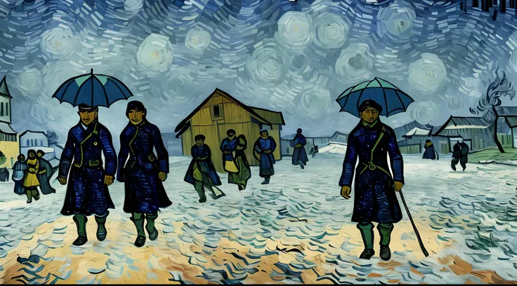 vila sob a chuva, inverno, vila medieval, Van gogh style, neve, montanhas em segundo plano, mistborn