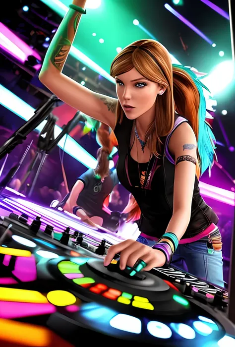 a solo shot featuring rachelamber a dj, showcasing her skills on the turntables at a vibrant rave.