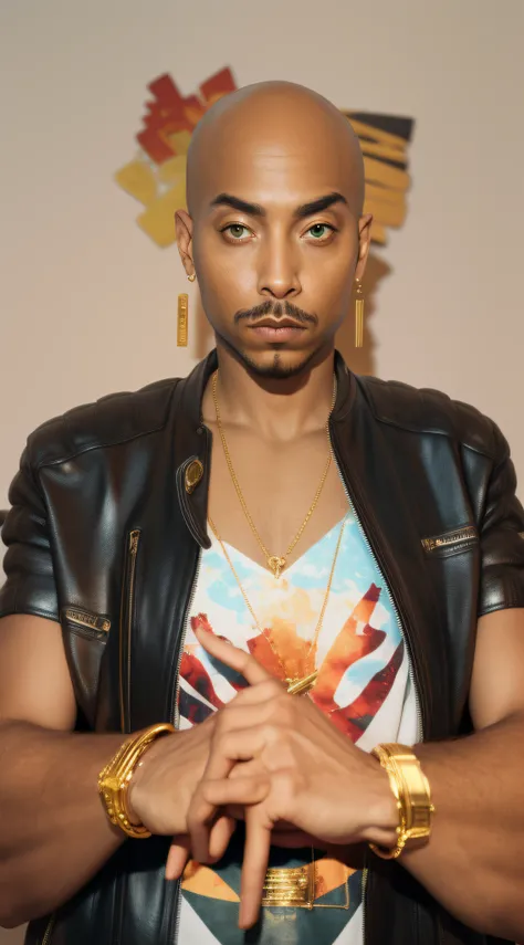 1rapper with Bald hair, T Pose, Green background, modern luxury designer cloths (Gucci) (Fendi) (H R Gigger), High End Luxury Fashion, Lots of GOld Chains Jewelry and Diamonds, fog, detailed and realistic image, amazing composition with vintage scenery wit...