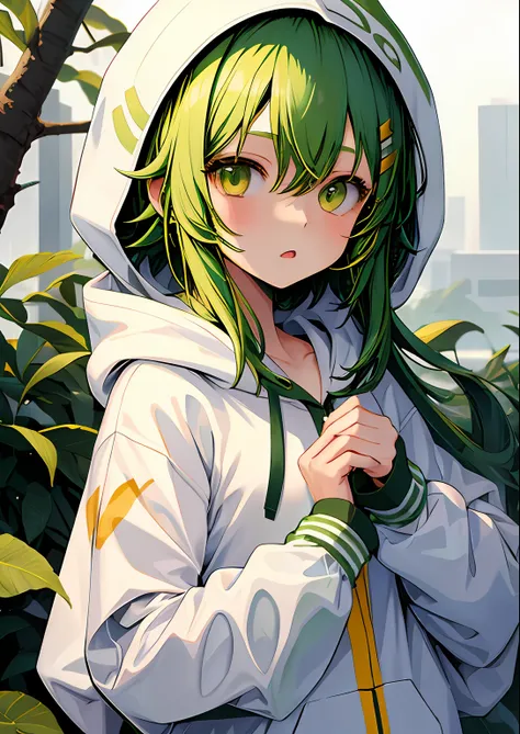 1girl in, upper body, light green hair, white hoodie,gumi