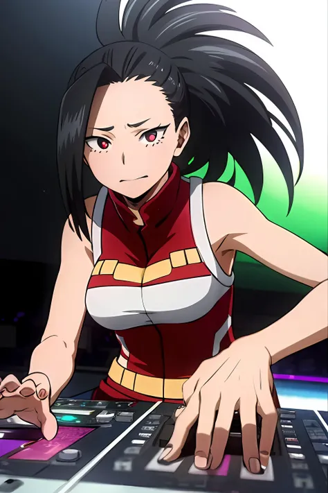 a solo shot featuring yaoyorozu momo  a dj, showcasing her skills on the turntables at a vibrant rave.