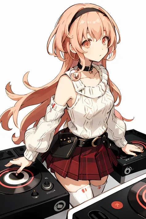 A solo shot featuring compa, hairband, choker white sweater, aran sweater, cable knit, detached sleeves, plaid skirt, pleated skirt, red skirt, belt, black thighhighs, white footwear, boots  a DJ, showcasing her skills on the turntables at a vibrant rave.