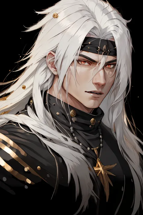 "best quality, masterpiece, 1 boy with long white hair, white eyes, wearing a black beaded necklace, smug face, fangs, shirtless...