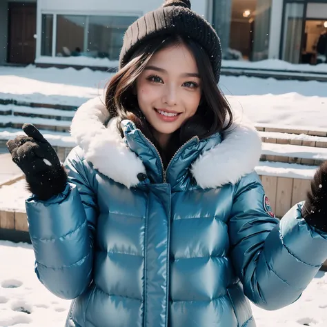 happy beautiful woman, silk puffer coat, smiling, playing in the snow, snowy sky, falling snow, cute, blushing, cold