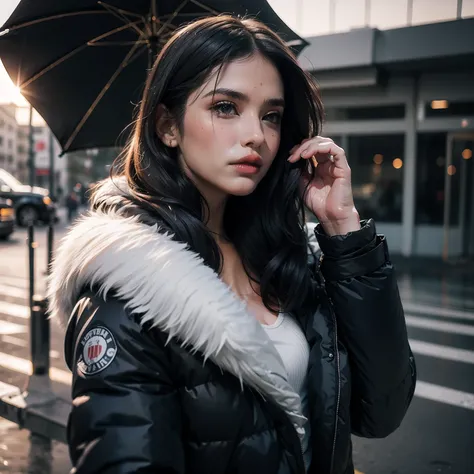 sad beautiful woman, oversized silk navy blue puffer coat, grey sky, rain, tears on face, masterpiece, photorealistic, dynamic p...